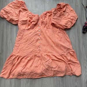 Peach Puff Sleeve Button-Down Dress